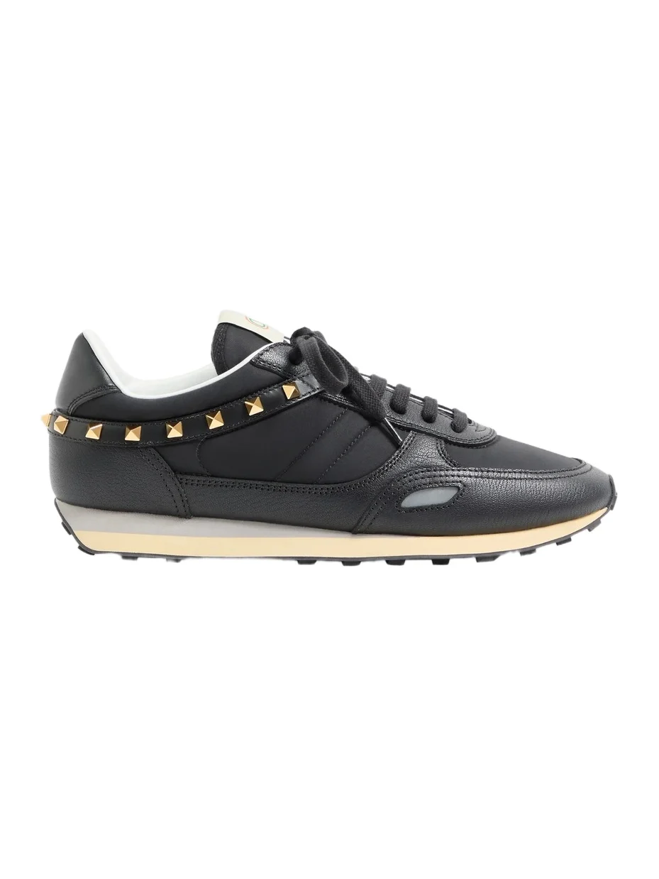 Men's Stud Up Sneaker in Leather and Nylon - Black
