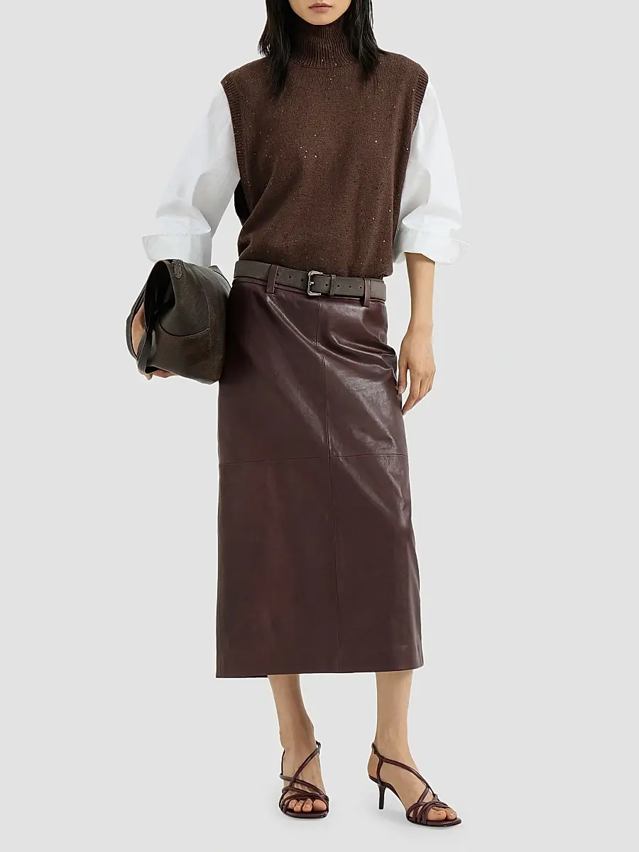 Brunello Cucinelli Women's Polished Nappa Leather Pencil Skirt | Thumbnail 2