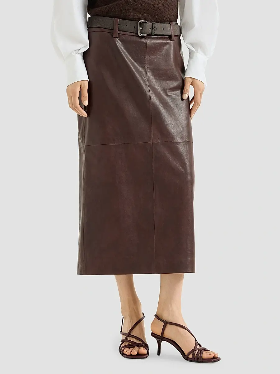 Brunello Cucinelli Women's Polished Nappa Leather Pencil Skirt | Thumbnail 3
