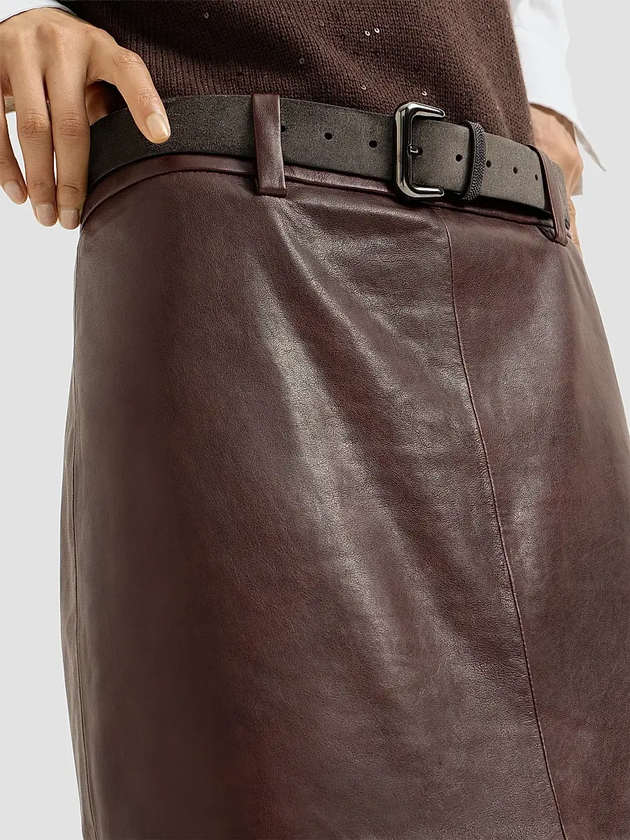 Brunello Cucinelli Women's Polished Nappa Leather Pencil Skirt | Thumbnail 6