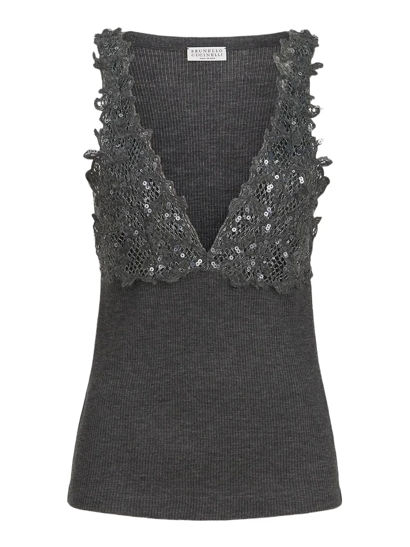 Women's Ribbed Wool Jersey Top with Dazzling Lace Embroidery Women's Ribbed Wool Jersey Top with Dazzling Lace Embroidery