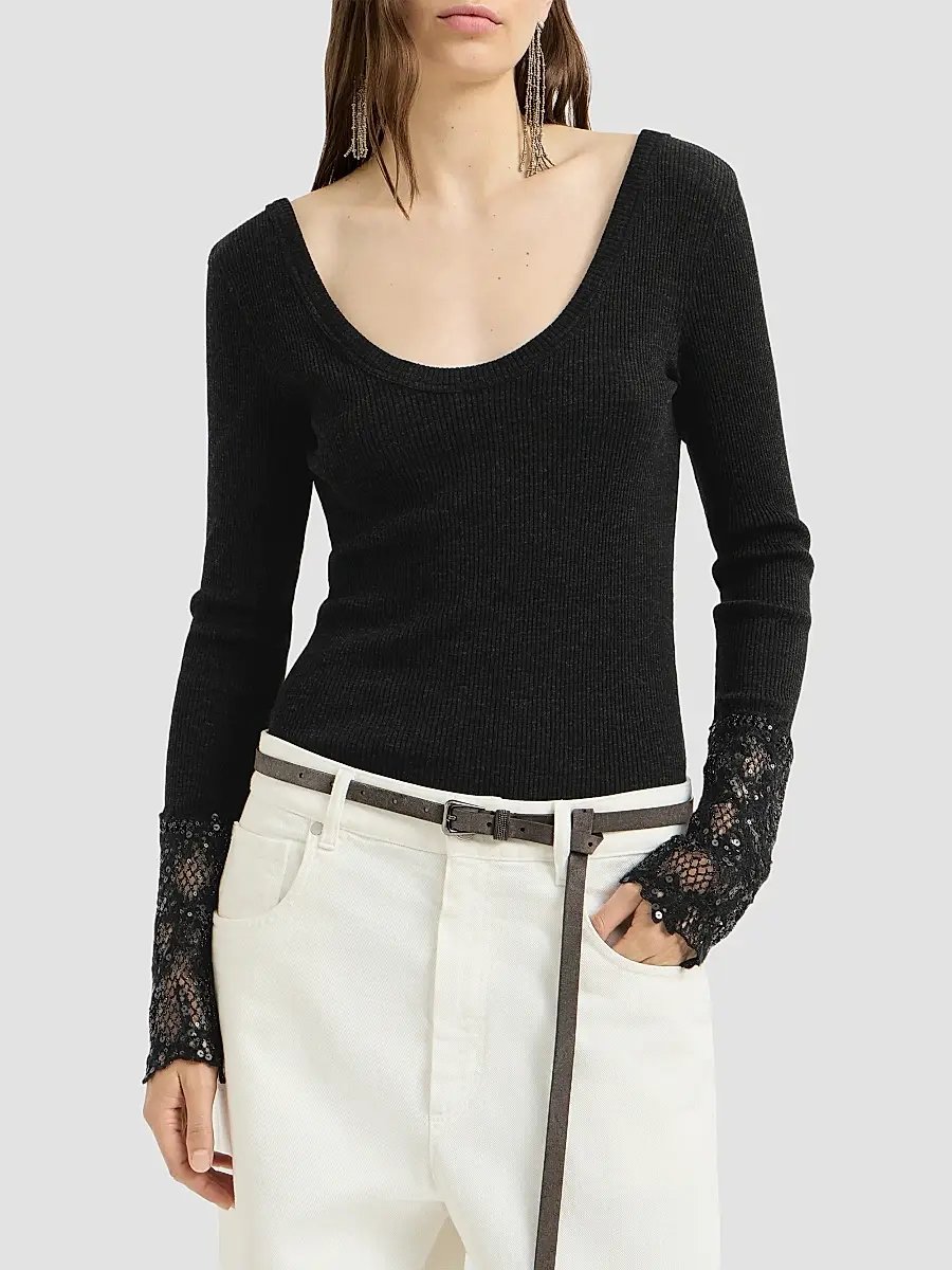 Brunello Cucinelli Women's Ribbed Wool Jersey Sweater with Dazzling Lace Embroidery Cuffs | Thumbnail 3 Brunello Cucinelli Women's Ribbed Wool Jersey Sweater with Dazzling Lace Embroidery Cuffs | Thumbnail 3