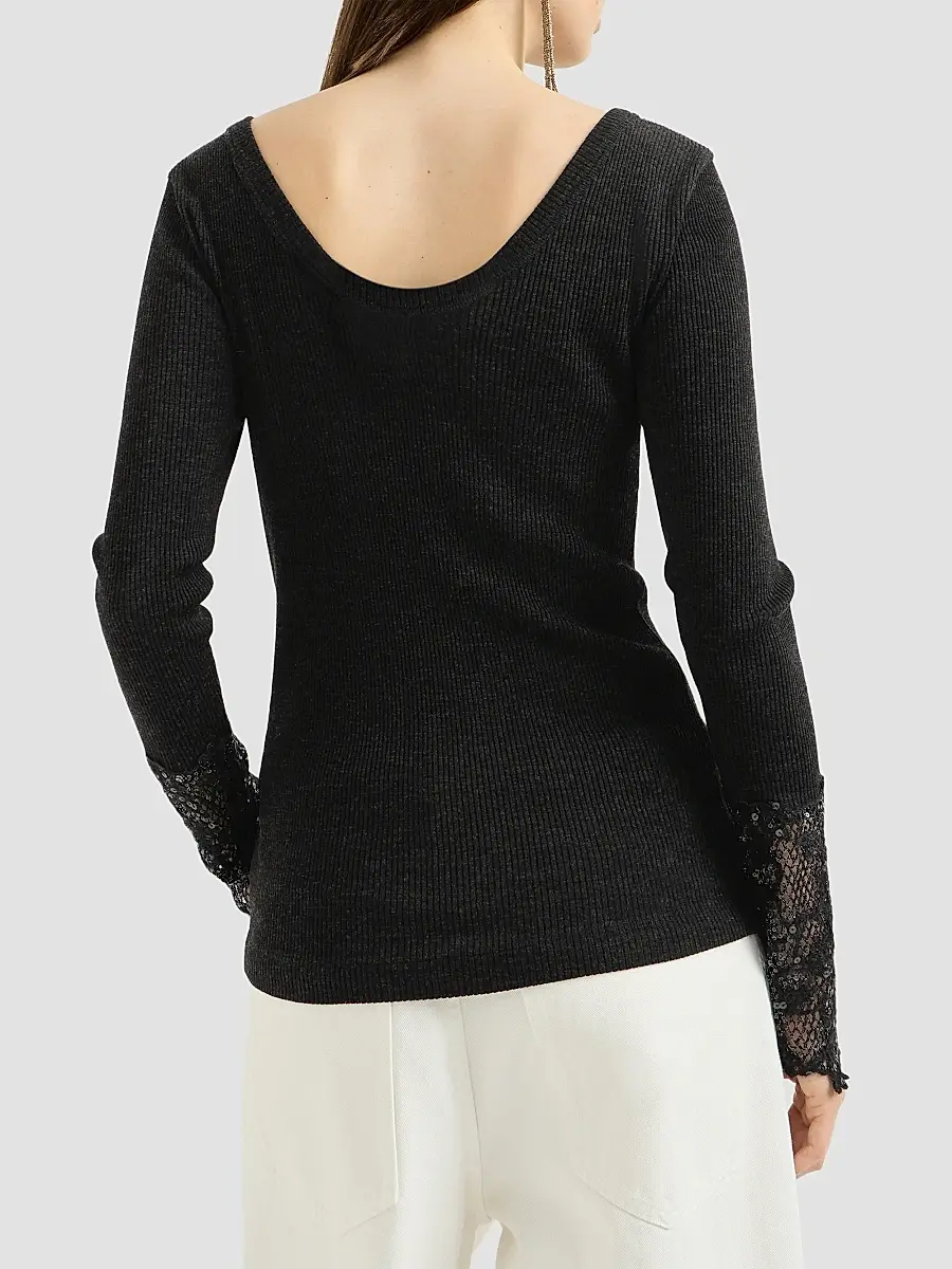 Brunello Cucinelli Women's Ribbed Wool Jersey Sweater with Dazzling Lace Embroidery Cuffs | Thumbnail 4 Brunello Cucinelli Women's Ribbed Wool Jersey Sweater with Dazzling Lace Embroidery Cuffs | Thumbnail 4