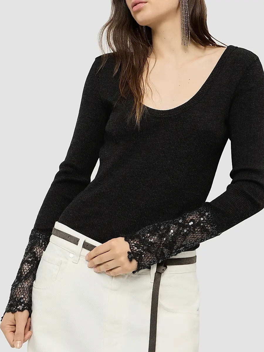 Brunello Cucinelli Women's Ribbed Wool Jersey Sweater with Dazzling Lace Embroidery Cuffs | Thumbnail 5 Brunello Cucinelli Women's Ribbed Wool Jersey Sweater with Dazzling Lace Embroidery Cuffs | Thumbnail 5