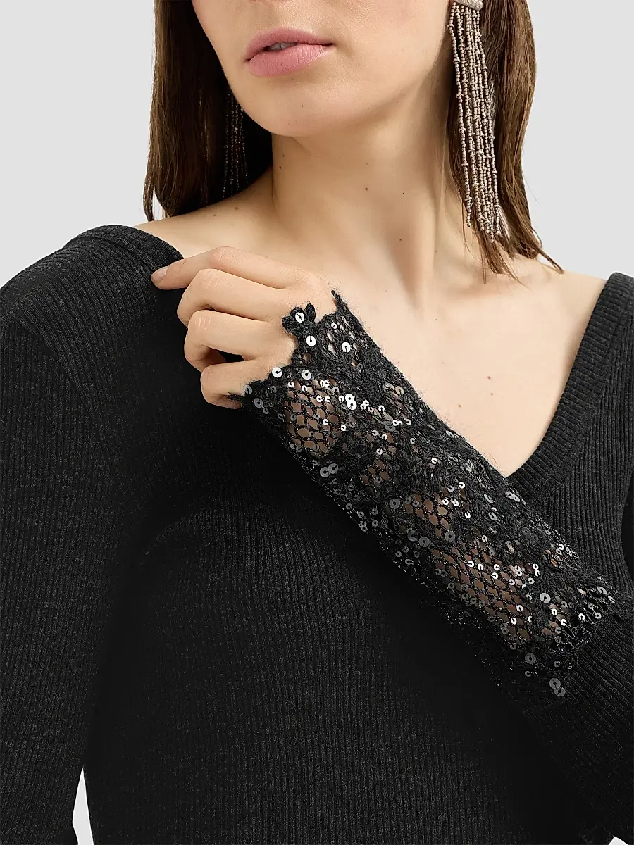 Brunello Cucinelli Women's Ribbed Wool Jersey Sweater with Dazzling Lace Embroidery Cuffs | Thumbnail 6 Brunello Cucinelli Women's Ribbed Wool Jersey Sweater with Dazzling Lace Embroidery Cuffs | Thumbnail 6