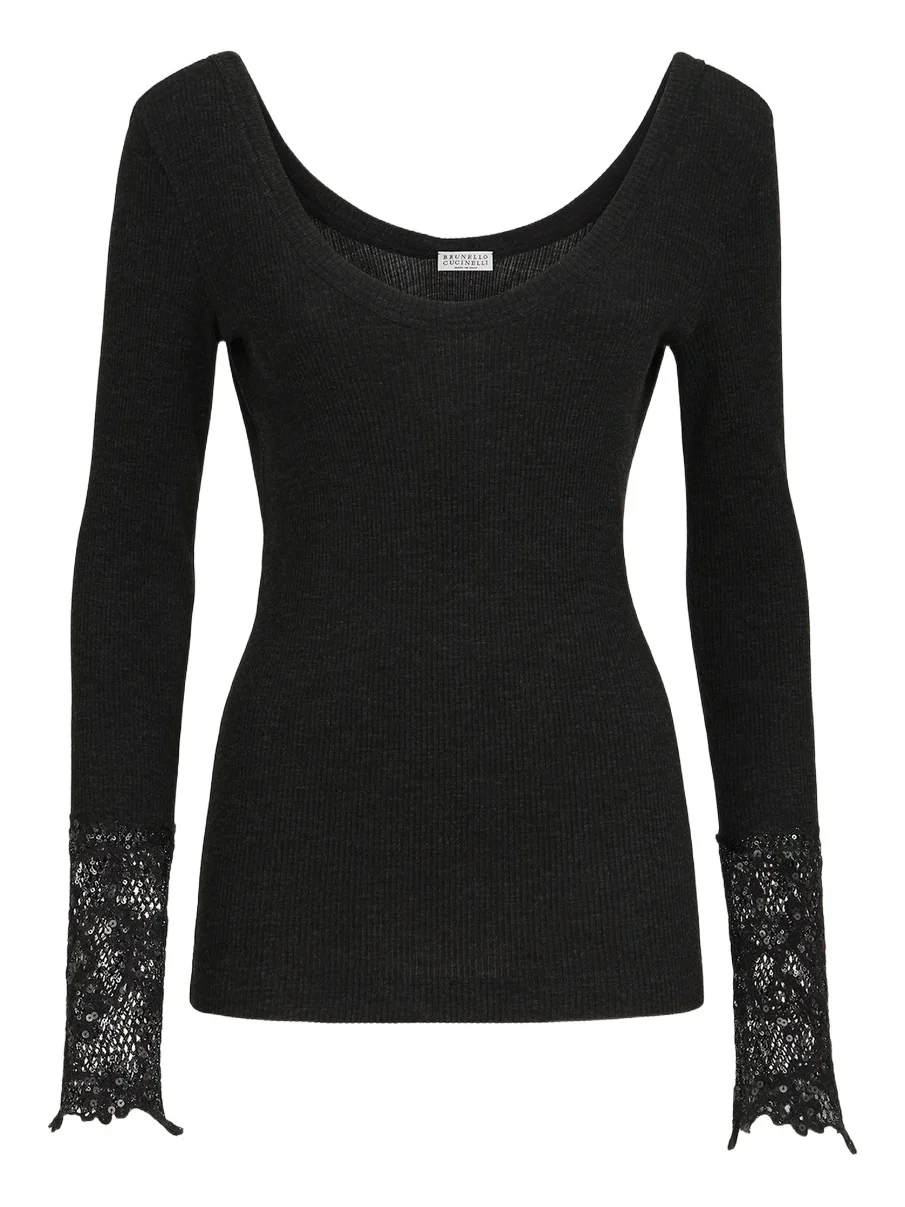 Brunello Cucinelli Women's Ribbed Wool Jersey Sweater with Dazzling Lace Embroidery Cuffs