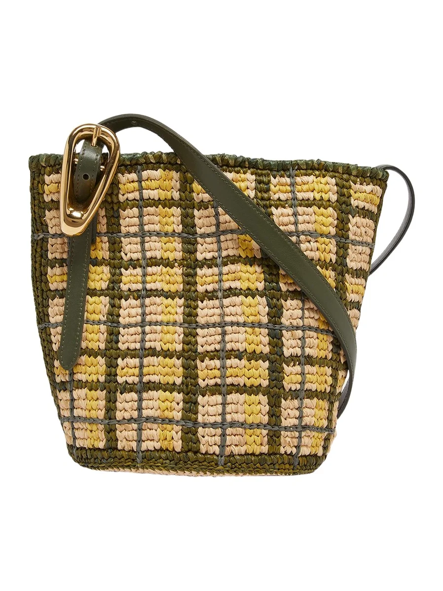 Rabanne Small Plaid Raffia Bucket Bag