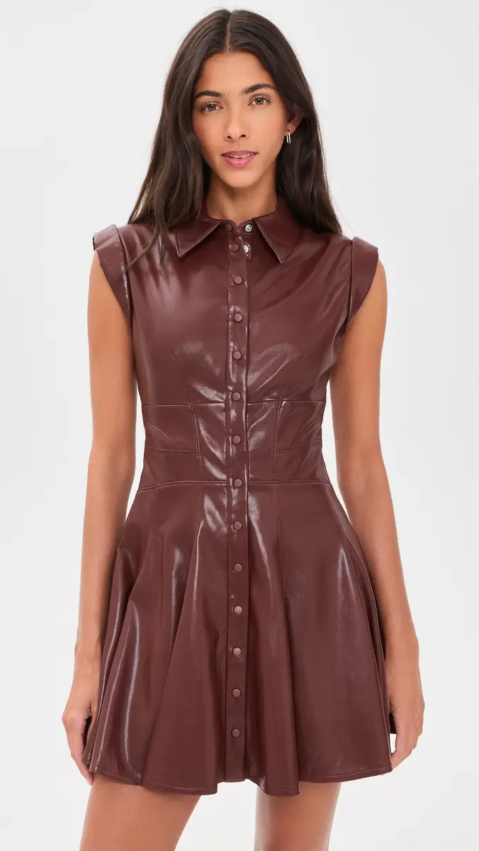 Alice + Olivia Kim Vegan Leather Paneled Corset Flared Mini Shirt Dress | Thumbnail 2 Alice + Olivia Kim Vegan Leather Paneled Corset Flared Mini Shirt Dress | Thumbnail 2