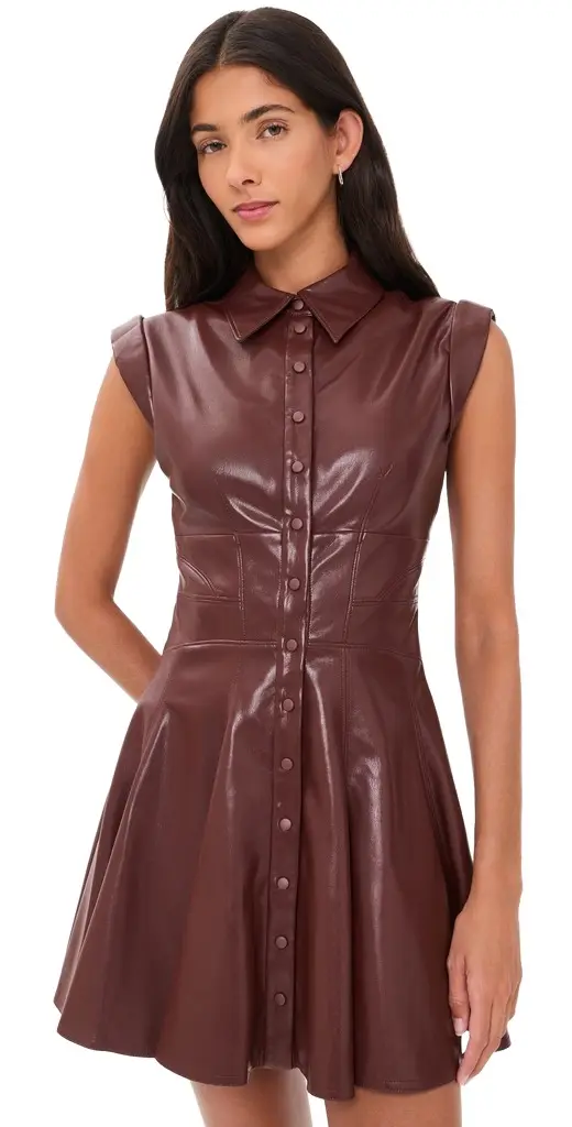 Alice + Olivia Kim Vegan Leather Paneled Corset Flared Mini Shirt Dress