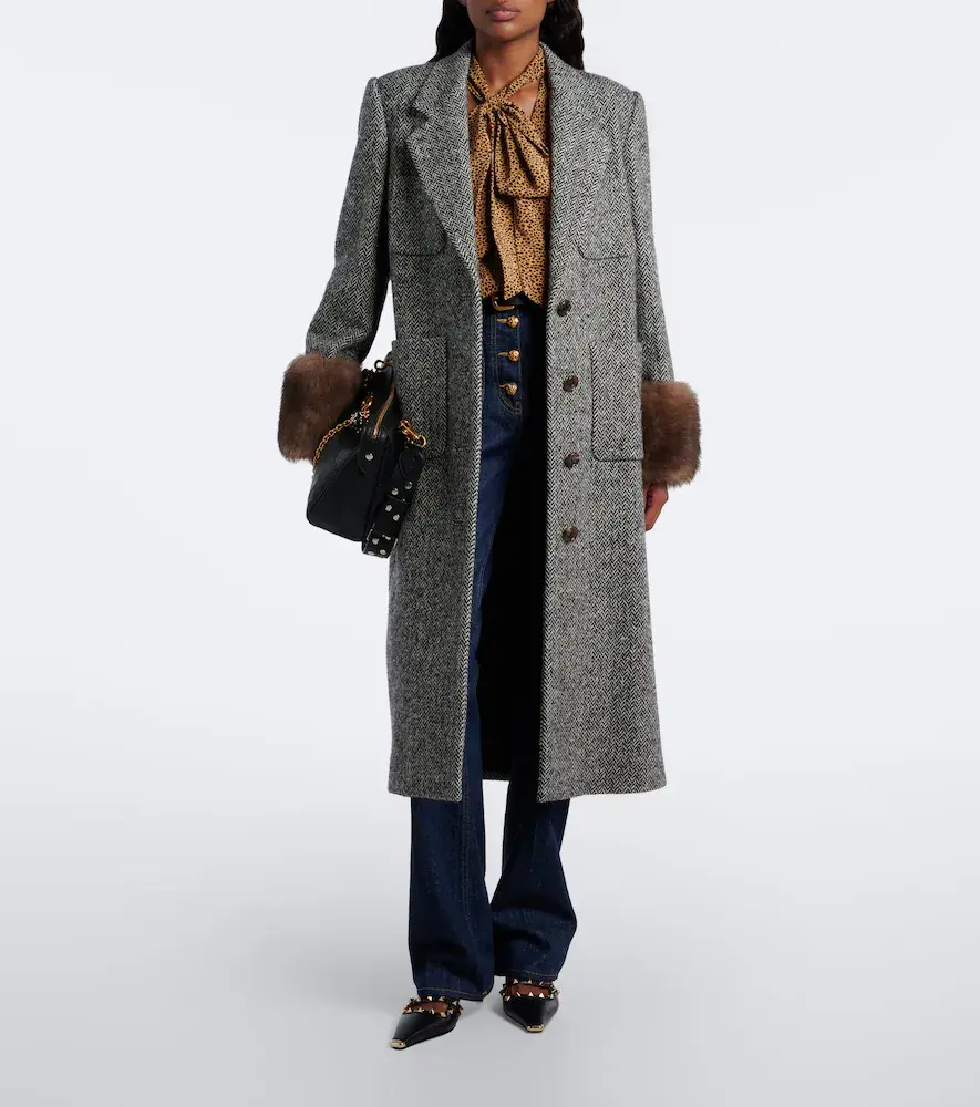 Valentino Garavani Herringbone shearling-trimmed wool-blend coat | Thumbnail 2
