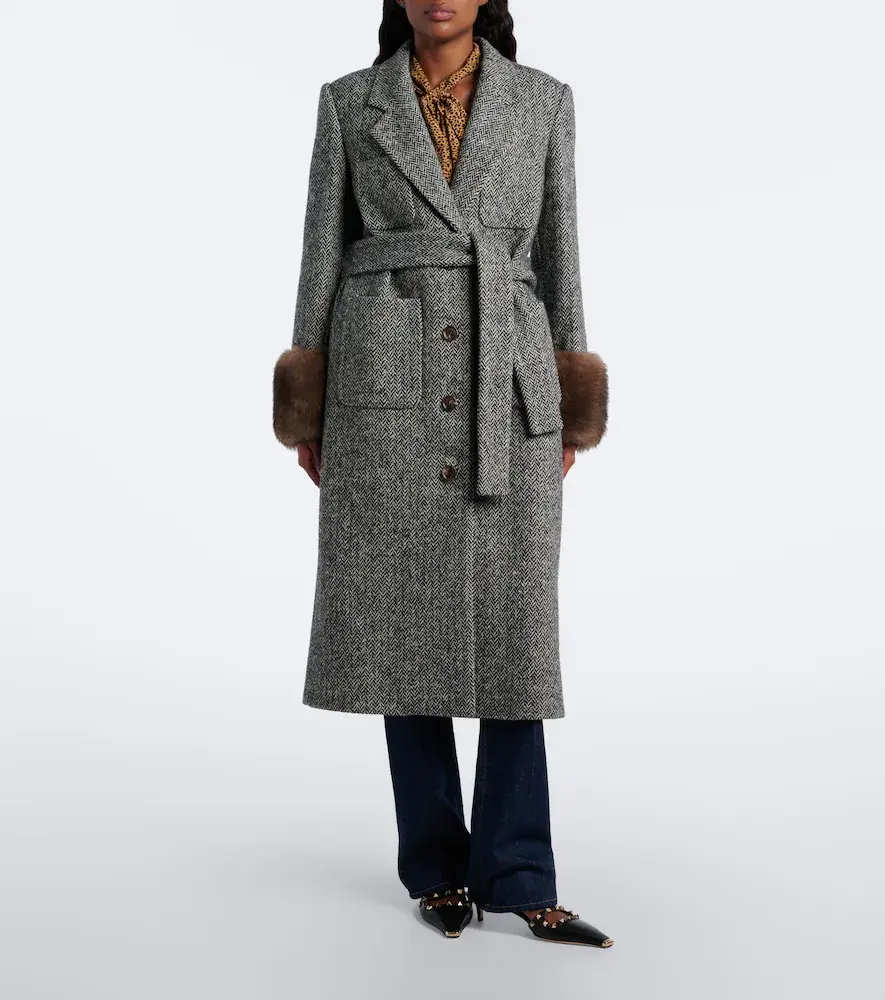 Valentino Garavani Herringbone shearling-trimmed wool-blend coat | Thumbnail 6