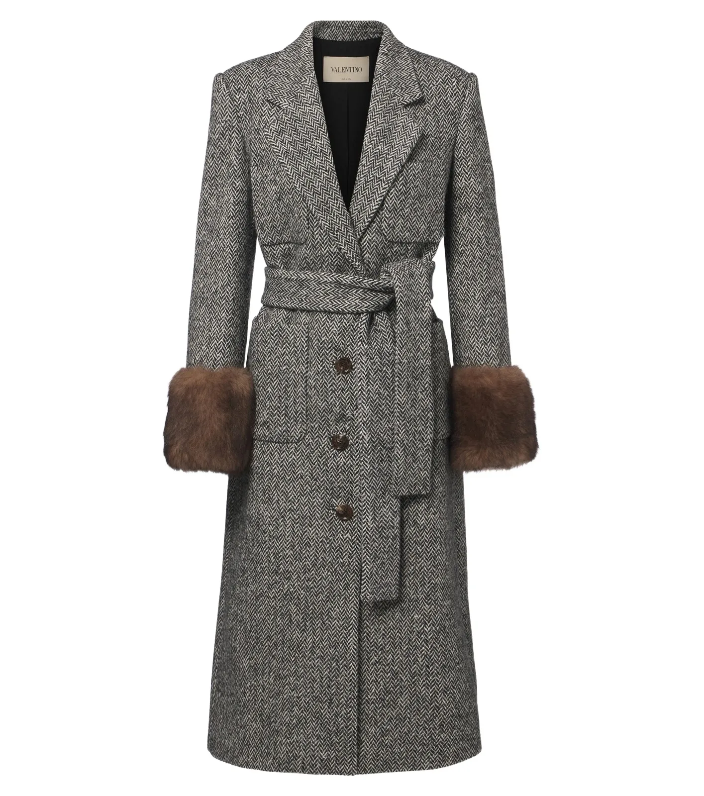 Valentino Garavani Herringbone shearling-trimmed wool-blend coat