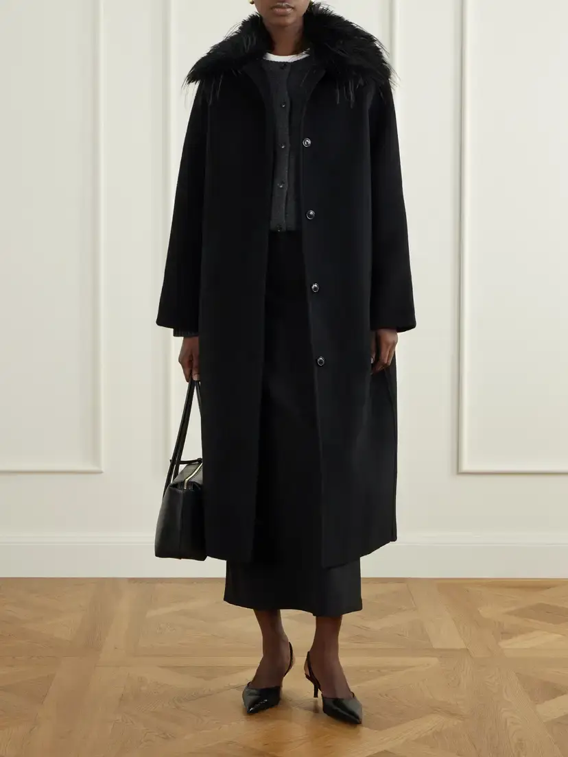 Loulou de Saison Plush-trimmed Wool And Cashmere-blend Coat - Black | Thumbnail 2