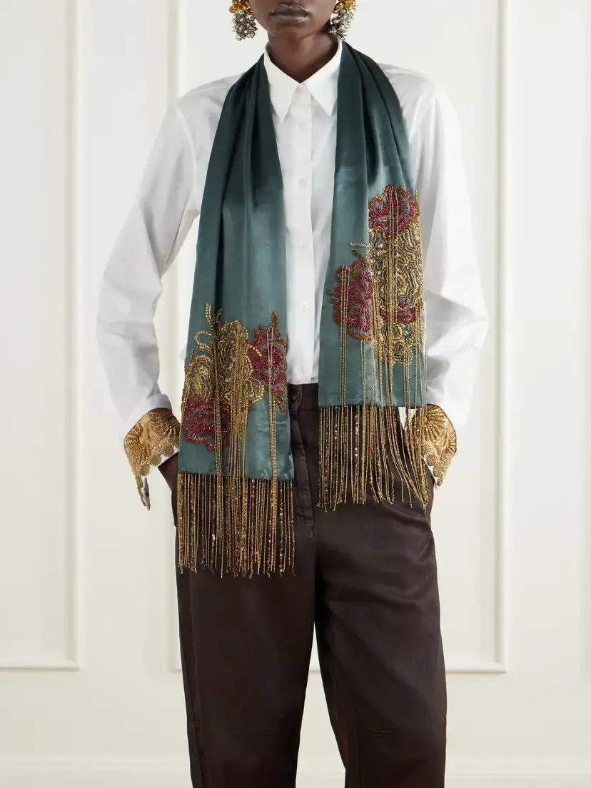 Dries Van Noten Fringed Bead-embellished Silk Scarf | Thumbnail 2 Dries Van Noten Fringed Bead-embellished Silk Scarf | Thumbnail 2