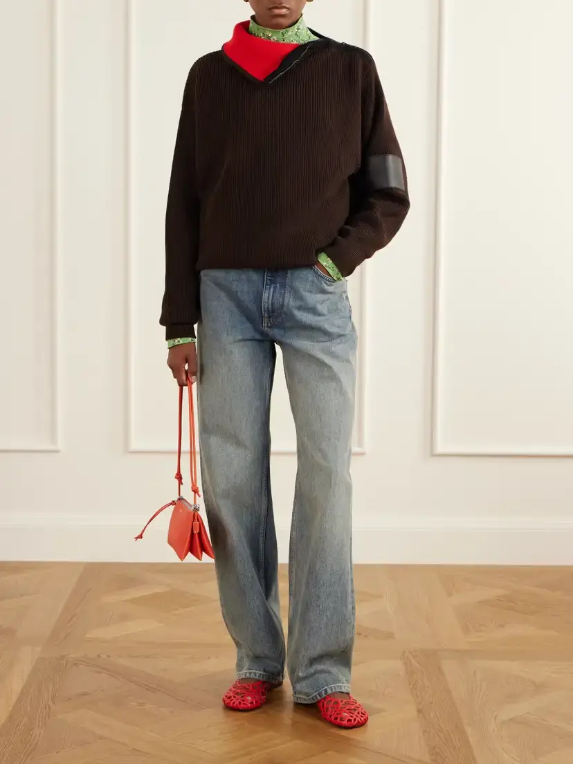 Loewe Zip-detailed Leather-trimmed Ribbed Wool-blend Turtleneck | Thumbnail 2 Loewe Zip-detailed Leather-trimmed Ribbed Wool-blend Turtleneck | Thumbnail 2