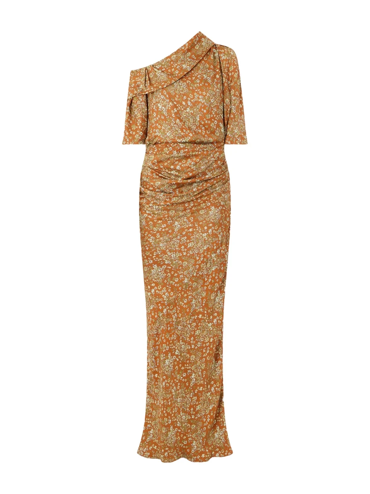 One-shoulder Gathered Floral-print Crepe Midi Dress