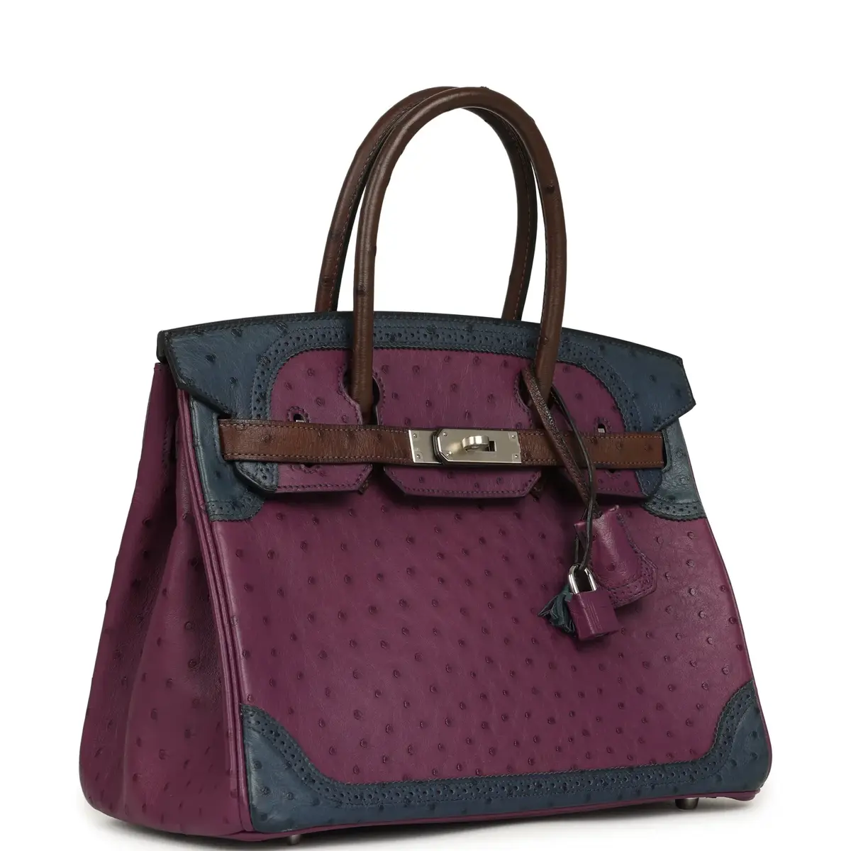 HERMÈS Hermes Birkin Ghillies 30 Violet, Bleu De Malte, Chocolat Ostrich Palladium Hardware | Thumbnail 2