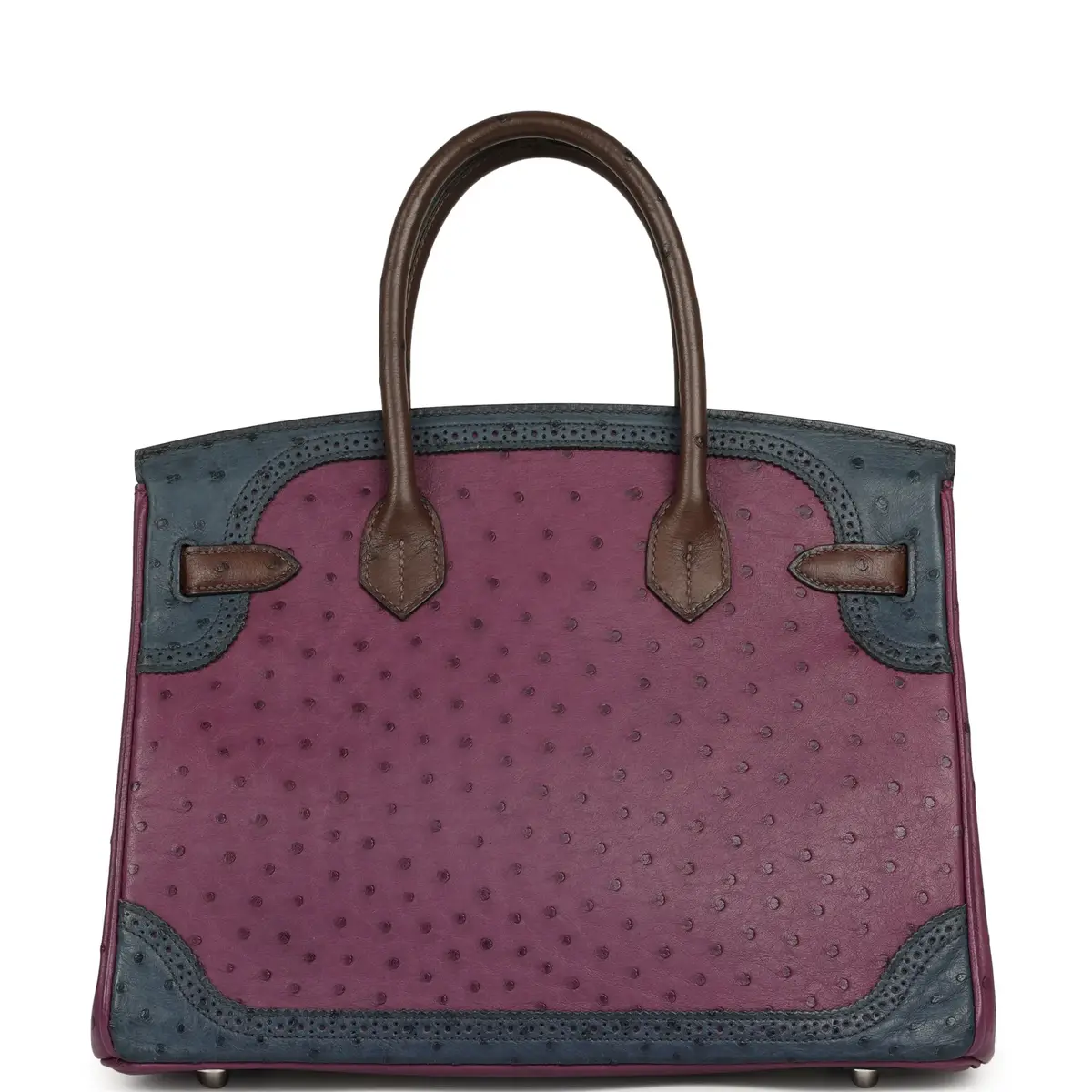 HERMÈS Hermes Birkin Ghillies 30 Violet, Bleu De Malte, Chocolat Ostrich Palladium Hardware | Thumbnail 4