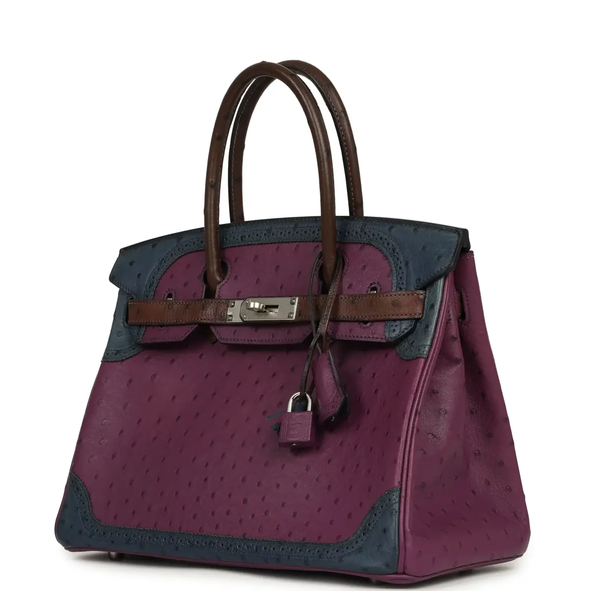 HERMÈS Hermes Birkin Ghillies 30 Violet, Bleu De Malte, Chocolat Ostrich Palladium Hardware | Thumbnail 5