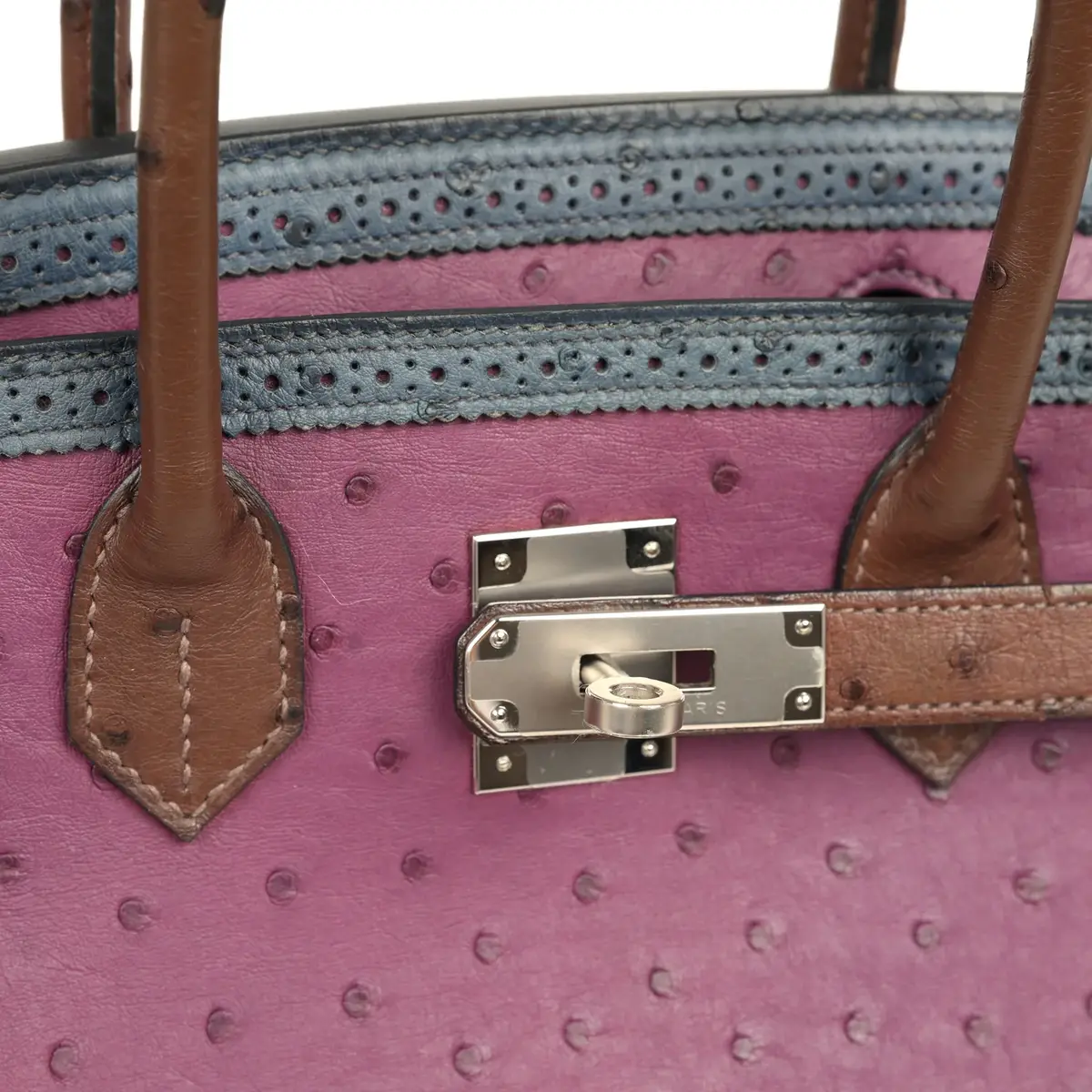 HERMÈS Hermes Birkin Ghillies 30 Violet, Bleu De Malte, Chocolat Ostrich Palladium Hardware | Thumbnail 7