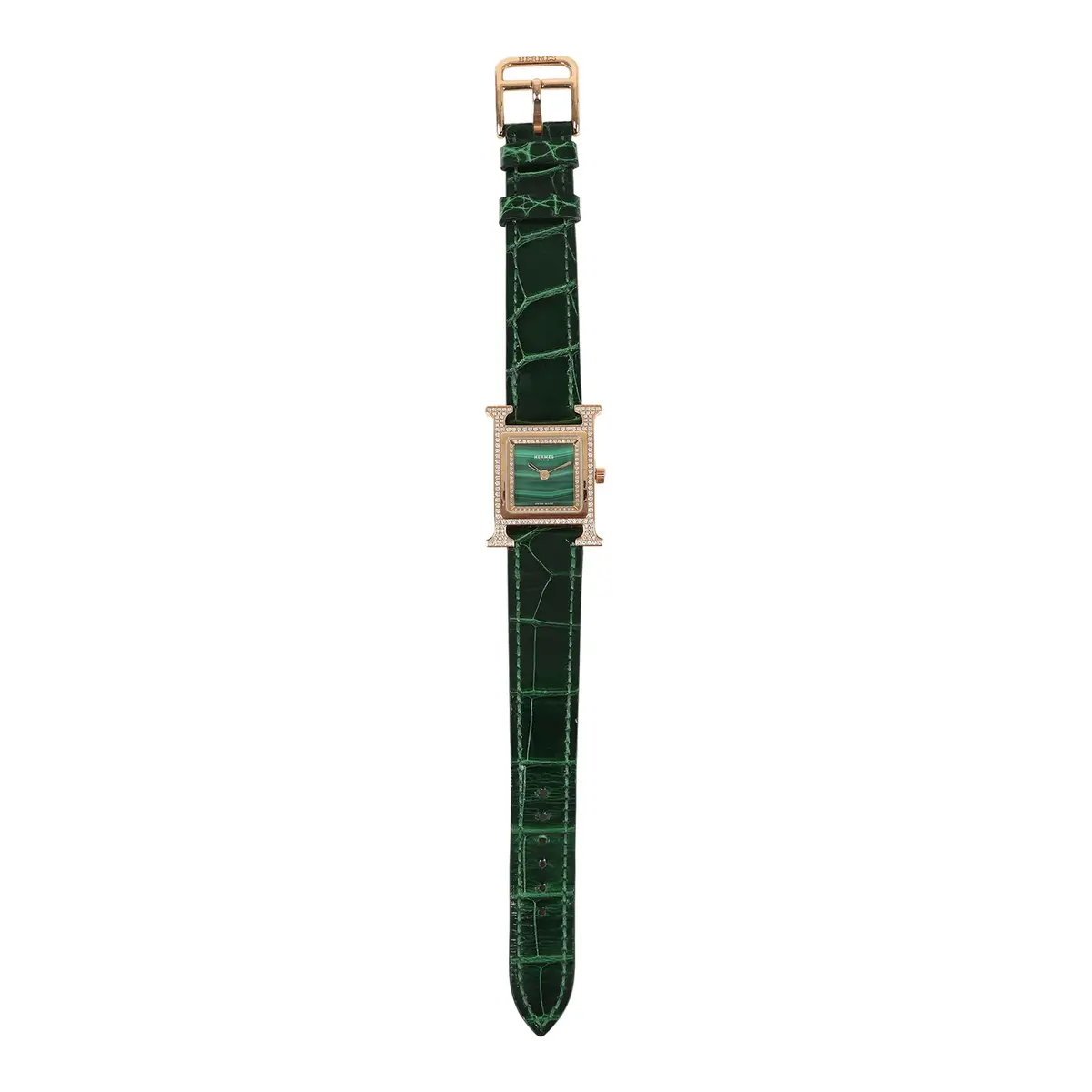 HERMÈS Pre-owned Hermes Heure H Watch S Vert Shiny Alligator, Malachite, Diamonds, Rose Gold | Thumbnail 2 HERMÈS Pre-owned Hermes Heure H Watch S Vert Shiny Alligator, Malachite, Diamonds, Rose Gold | Thumbnail 2
