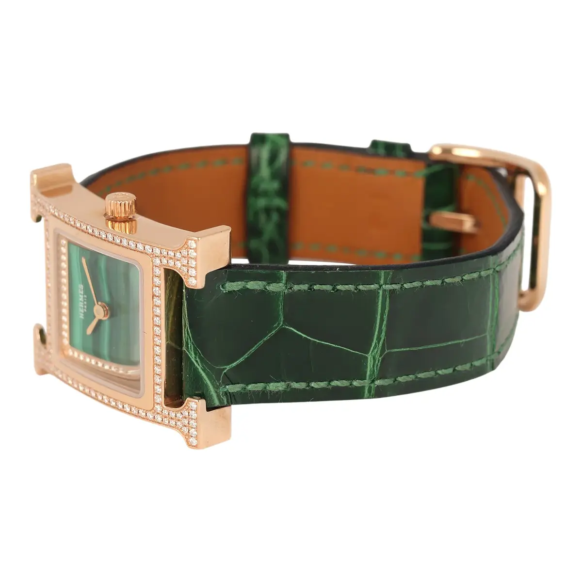 HERMÈS Pre-owned Hermes Heure H Watch S Vert Shiny Alligator, Malachite, Diamonds, Rose Gold | Thumbnail 4 HERMÈS Pre-owned Hermes Heure H Watch S Vert Shiny Alligator, Malachite, Diamonds, Rose Gold | Thumbnail 4