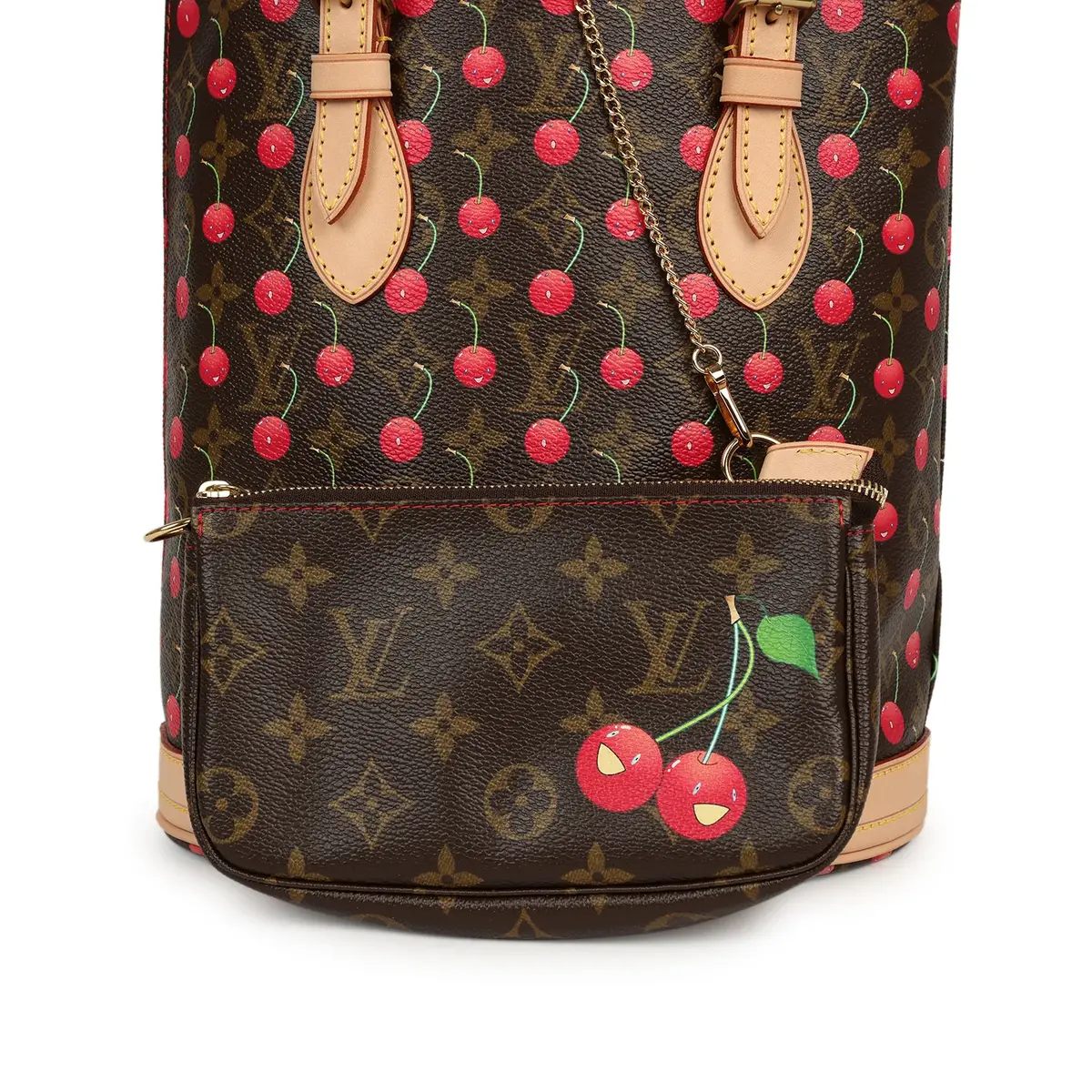 Louis Vuitton Vintage Louis Vuitton x Takashi Murakami Cheries Bucket Bag PM Red, Brown Monogram Cherry Gold Hardware | Thumbnail 7