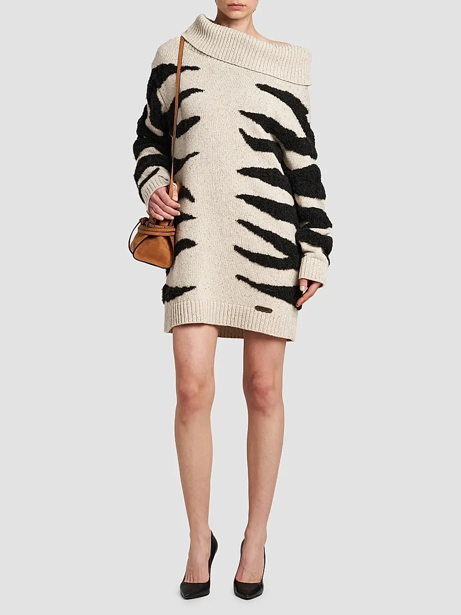 MOSCHINO Women's Zebra-Pattern Wool-Blend Off-Shoulder Mini Dress | Thumbnail 2 MOSCHINO Women's Zebra-Pattern Wool-Blend Off-Shoulder Mini Dress | Thumbnail 2