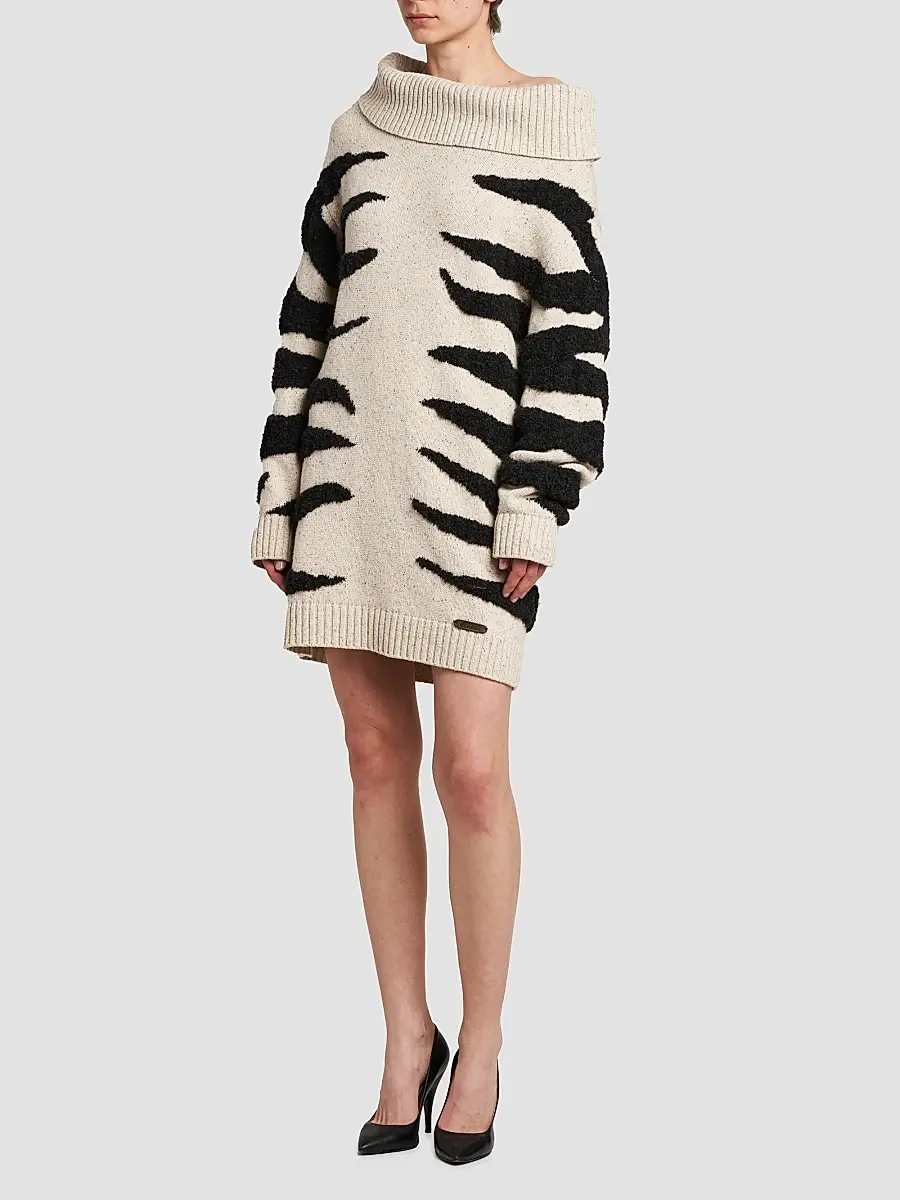 MOSCHINO Women's Zebra-Pattern Wool-Blend Off-Shoulder Mini Dress | Thumbnail 4 MOSCHINO Women's Zebra-Pattern Wool-Blend Off-Shoulder Mini Dress | Thumbnail 4