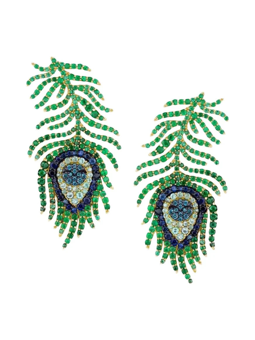 GRACE WINFREY 18K Yellow Gold Multi-Stone And Diamond Feather Earrings