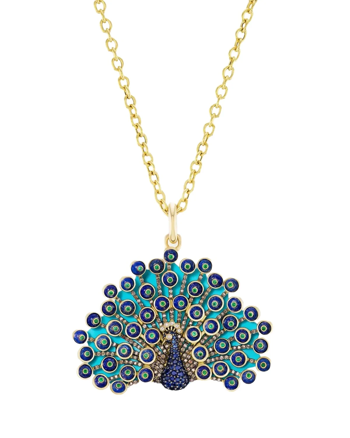18K Yellow Gold King Peacock Pendant Necklace With Diamonds And Multi-Stones 18K Yellow Gold King Peacock Pendant Necklace With Diamonds And Multi-Stones