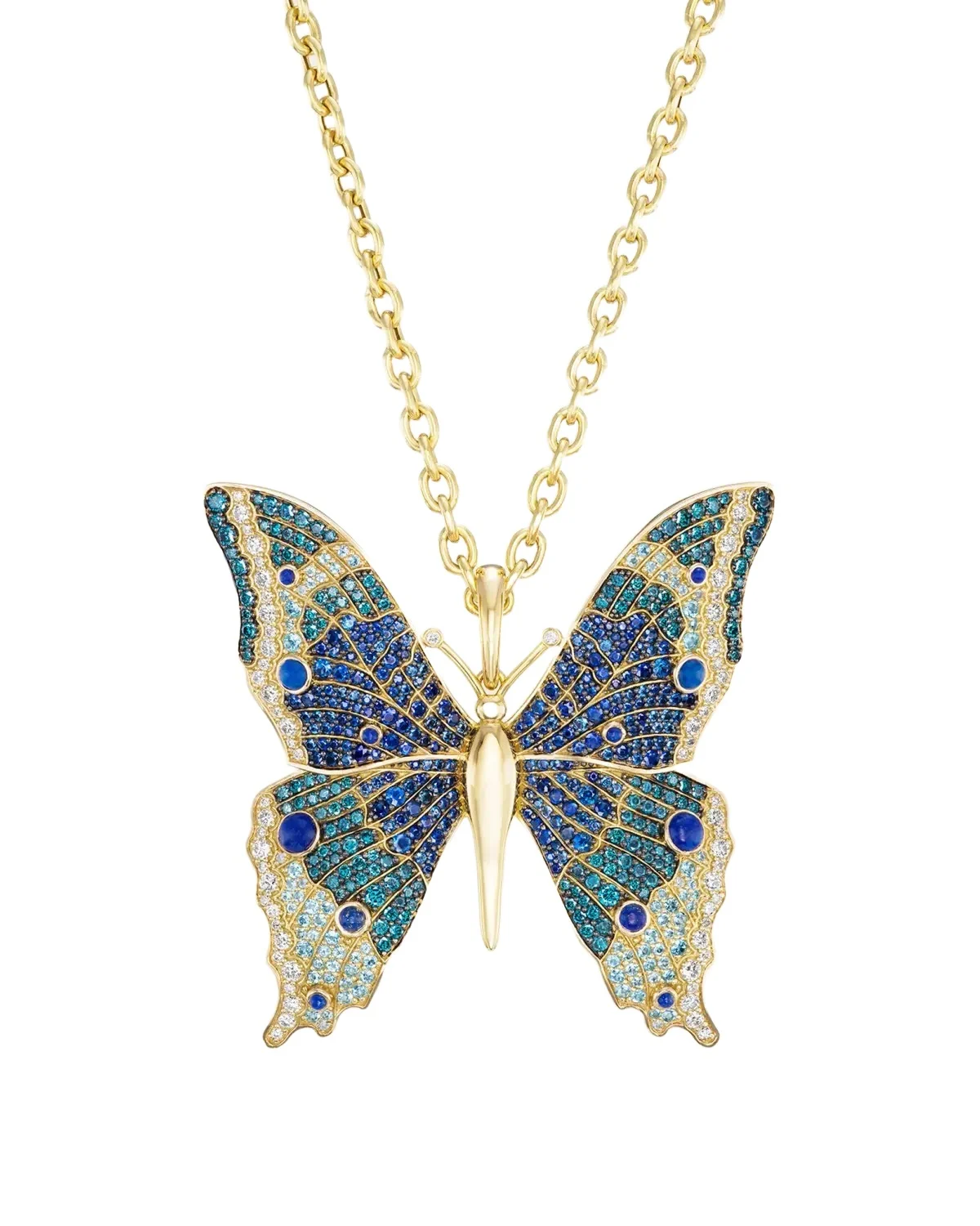 18K Yellow Gold Morpho Butterfly Pendant Necklace With Multi-Stones And Diamonds 18K Yellow Gold Morpho Butterfly Pendant Necklace With Multi-Stones And Diamonds