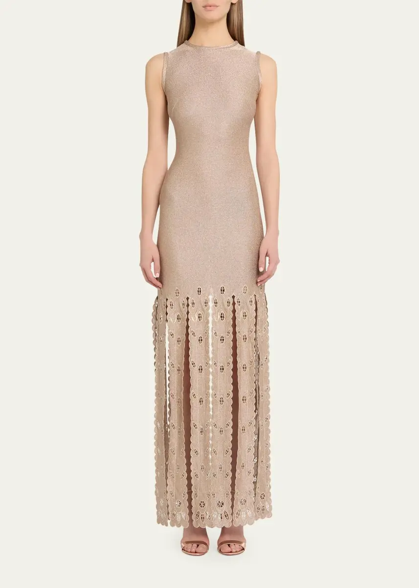 Oscar de la Renta Sleeveless Metallic Jersey Embroidered Fringe Maxi Dress | Thumbnail 2