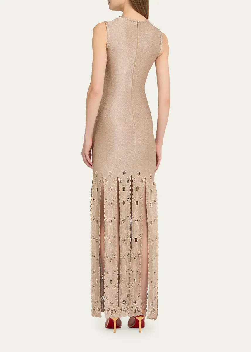 Oscar de la Renta Sleeveless Metallic Jersey Embroidered Fringe Maxi Dress | Thumbnail 3