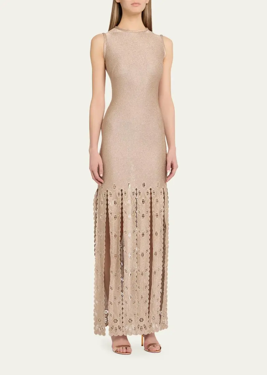 Oscar de la Renta Sleeveless Metallic Jersey Embroidered Fringe Maxi Dress | Thumbnail 4