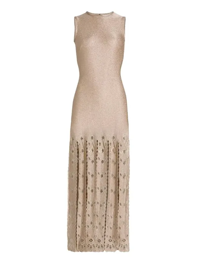 Sleeveless Metallic Jersey Embroidered Fringe Maxi Dress Sleeveless Metallic Jersey Embroidered Fringe Maxi Dress