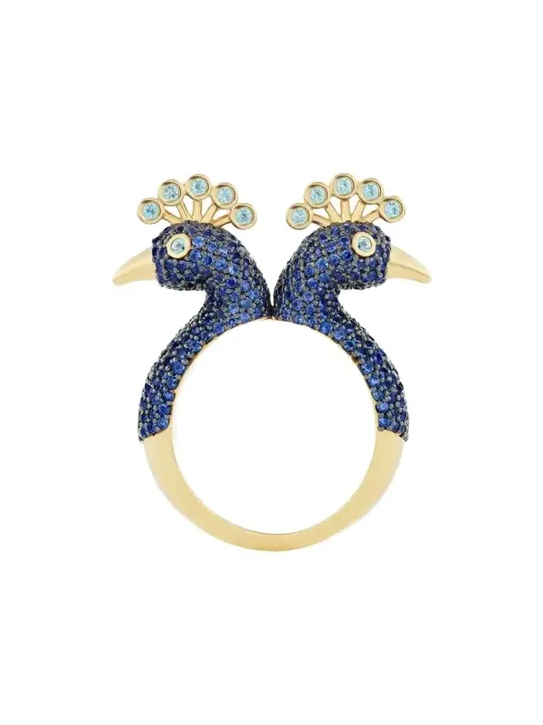GRACE WINFREY 18K Yellow Gold King Peacock Statement Ring with Blue Sapphires and Diamonds