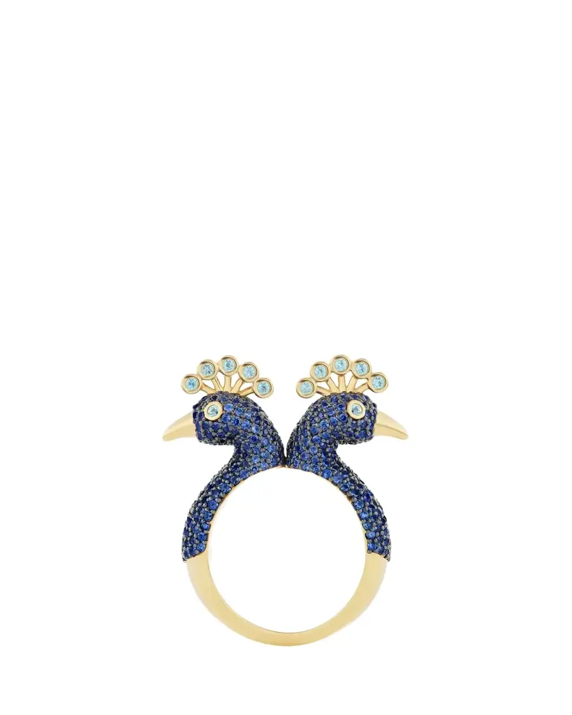 GRACE WINFREY 18K Yellow Gold King Peacock Statement Ring with Blue Sapphires and Diamonds