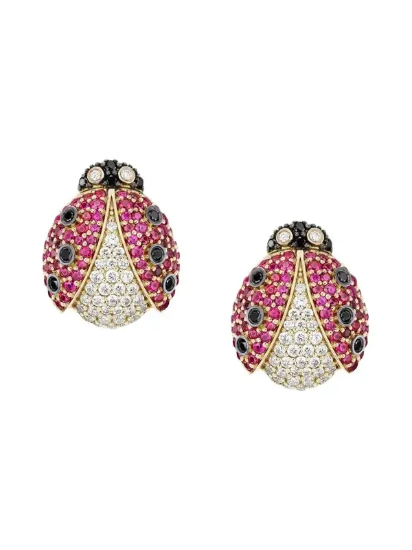 18K Yellow Gold Pavé Ladybug Button Stud Earrings With Diamonds and Rubies