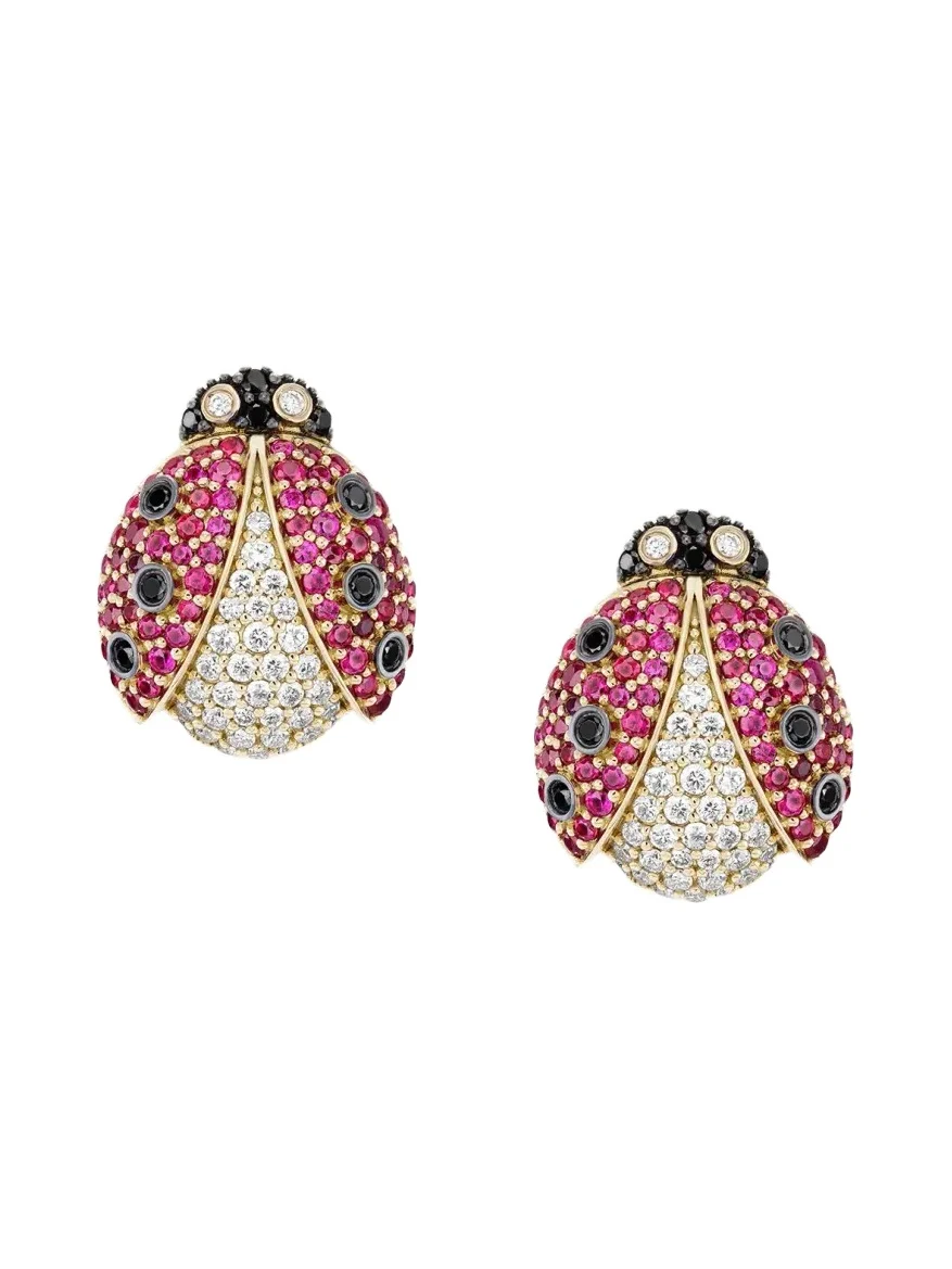 GRACE WINFREY 18K Yellow Gold Pavé Ladybug Button Stud Earrings With Diamonds and Rubies