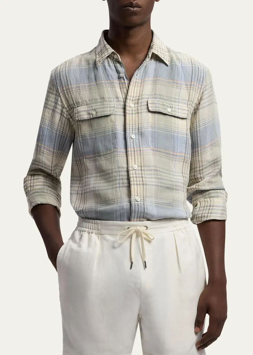 Ralph Lauren Purple Label Men's Plaid Linen Shirt | Thumbnail 4 Ralph Lauren Purple Label Men's Plaid Linen Shirt | Thumbnail 4