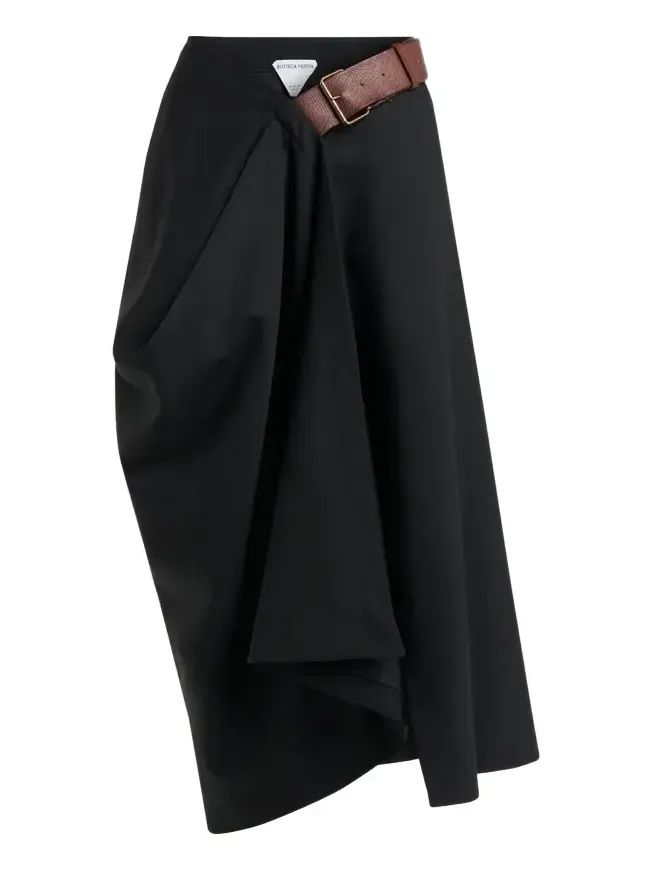 Belted Asymmetric Draped Wool Midi Wrap Skirt Belted Asymmetric Draped Wool Midi Wrap Skirt