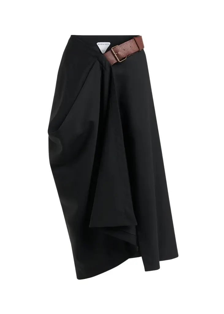 Bottega Veneta Belted Asymmetric Draped Wool Midi Wrap Skirt | Image 1 Bottega Veneta Belted Asymmetric Draped Wool Midi Wrap Skirt | Image 1