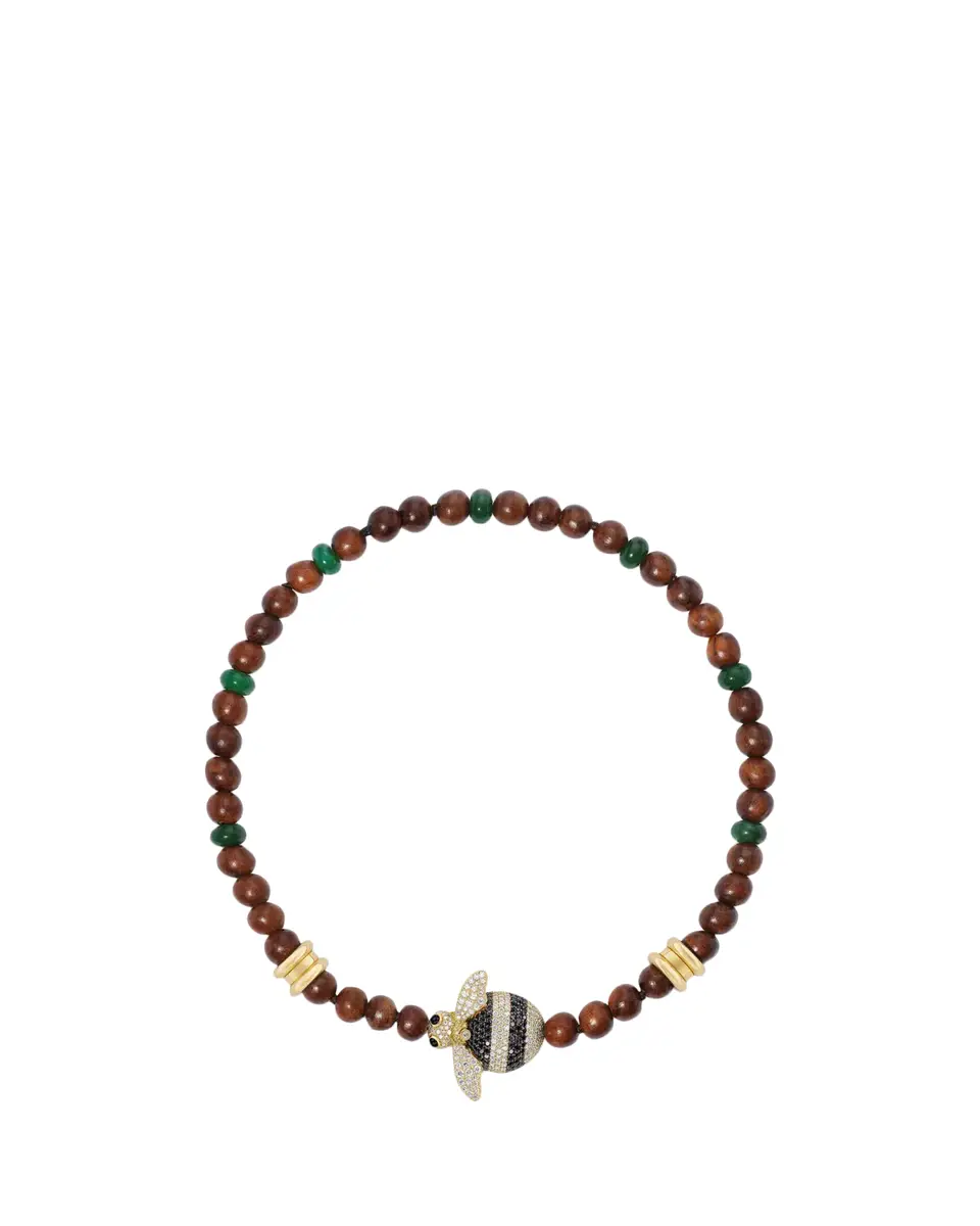 GRACE WINFREY 18K Yellow Gold Poconos Beaded Bee Necklace With Diamonds, Wood, and Green Jade, 15"L | Thumbnail 2 GRACE WINFREY 18K Yellow Gold Poconos Beaded Bee Necklace With Diamonds, Wood, and Green Jade, 15"L | Thumbnail 2