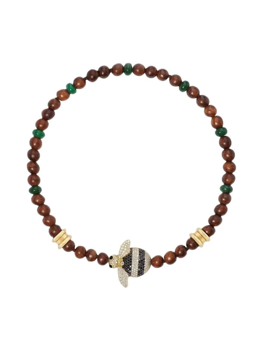 18K Yellow Gold Poconos Beaded Bee Necklace With Diamonds, Wood, and Green Jade, 15"L 18K Yellow Gold Poconos Beaded Bee Necklace With Diamonds, Wood, and Green Jade, 15"L