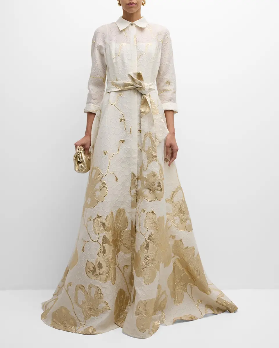 Rickie Freeman for Teri Jon A-Line Metallic Jacquard Shirt Gown | Thumbnail 2