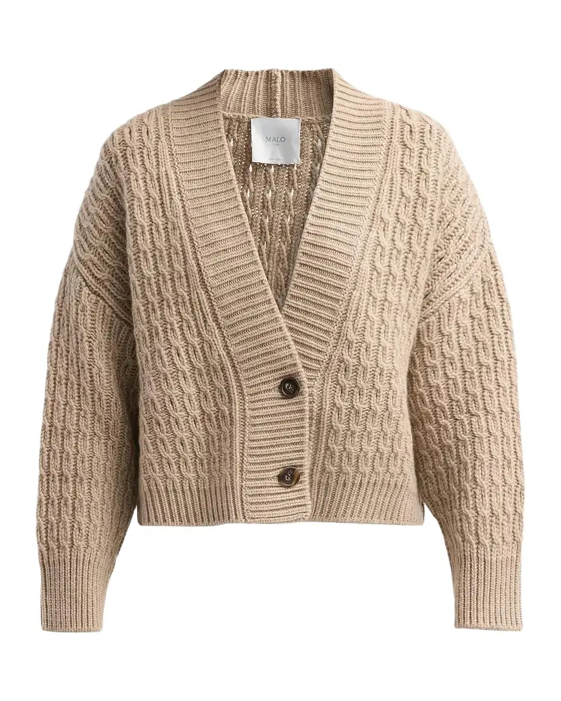 Malo Anna Cashmere Cable-Knit V-Neck Cardigan