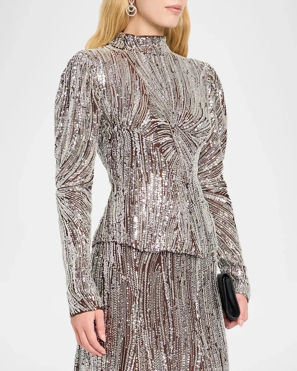 Rabanne Mock-Neck Embellished Satin Long-Sleeve Top | Thumbnail 4