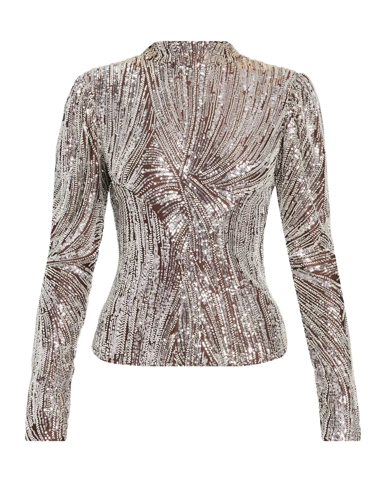 Rabanne Mock-Neck Embellished Satin Long-Sleeve Top