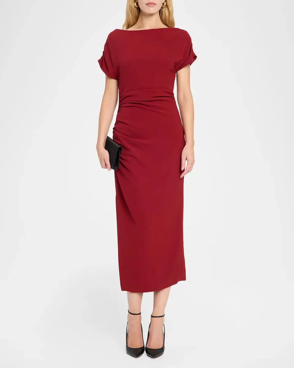 Lela Rose High-Neck Ruched Fluid Crepe Slit Midi Dress | Thumbnail 2 Lela Rose High-Neck Ruched Fluid Crepe Slit Midi Dress | Thumbnail 2